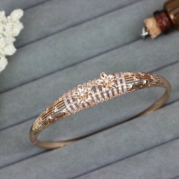 Elegant Rose Gold Bangle with Twin Floral Diamond Accents, XPBL0588 - Picture 10 of 12